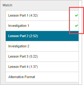 Green check marks are shown on the right side of a lesson page.